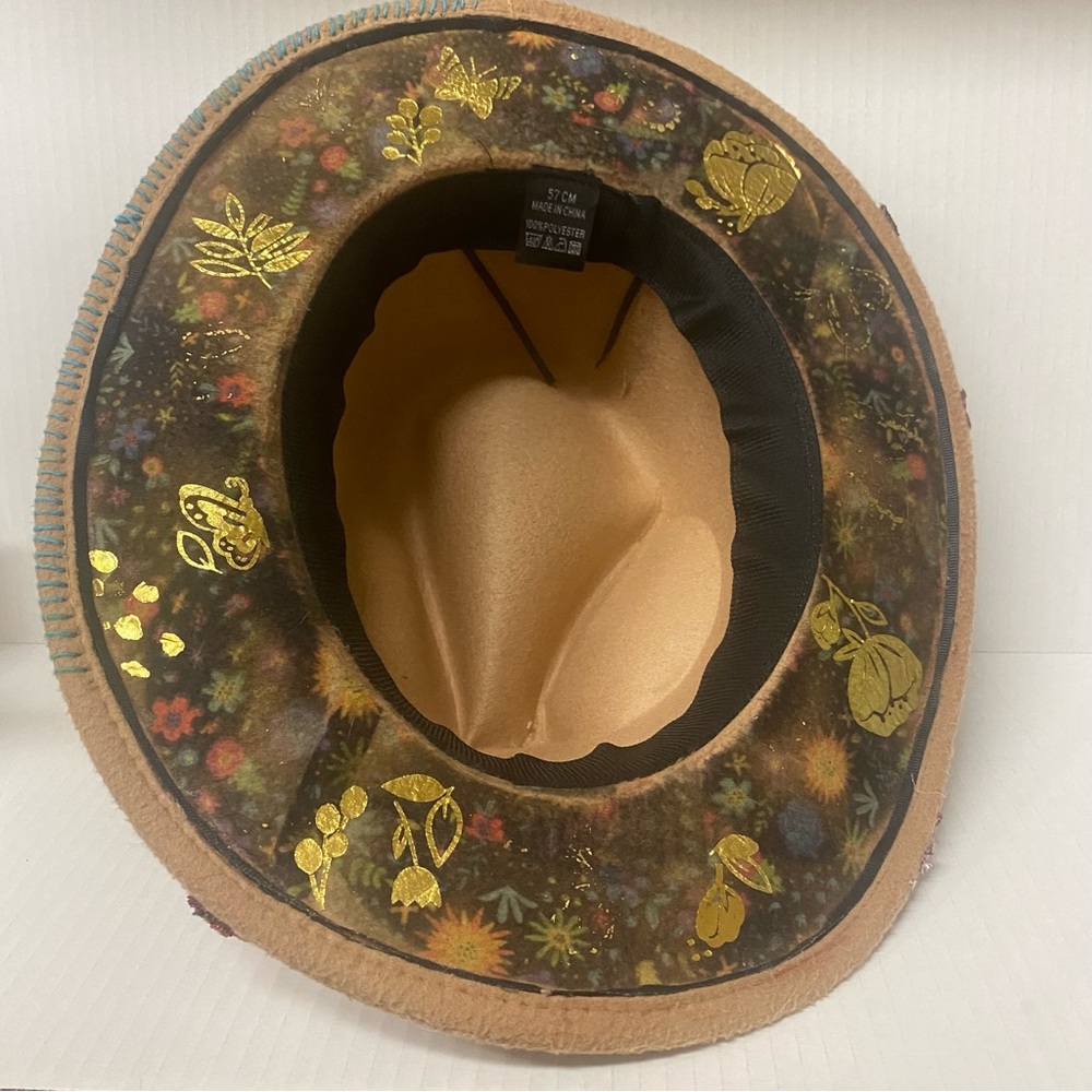 Women's Tan Felt Fedora Hat with Rose Embroidery - Picture 3 of 4